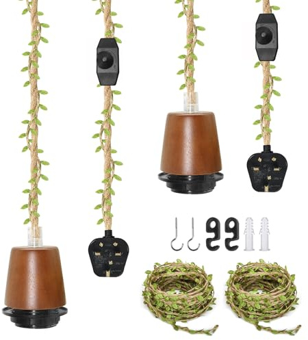 ZRLXFM 2-Pack Vintage Lamp Holders with 510CM Hemp Rope, E27 Plug in Pendant Light Cord with Dimmable Switch, Hanging Lighting Kit with 5M Long Green Leaf Decorative Rope