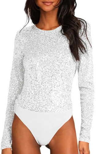Generisch Pailletten Jumpsuit Damen: Glitzer Body Silvester Outfit Sexy Elegant Glitzerbody Overall Festival Festlich Faschingskostüme Bodysuits Langarm Party, Karneval Kostüm