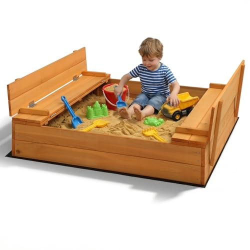 LALAHO Wooden Sand Pit with Lid, Outdoor Playhouse 120×120 cm | Foldable Sandbox Cover, 2 Benches, Includes Ground Mat & Corner Protectors