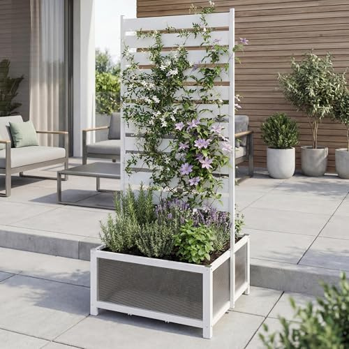 Mendler Aluminium Beet mit Rankgitter HWC-P97, Blumenkasten Pflanzkübel Spalier, 110x60x75cm - weiß