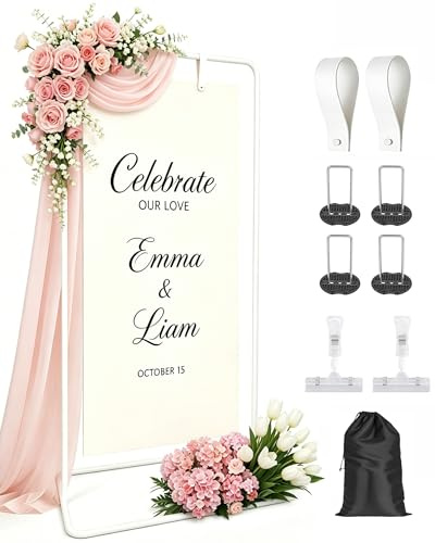 White Wedding Welcome Sign Stand Holder 5.74ft Adjustable Backdrop Stand | Sturdy Metal Welcome Board Stand with 2 Leather Straps, 2 Clips & Storage Bag for Indoor and Outdoor Events