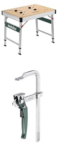 metabo Multifunktionstisch MWB 100 - Klappbare Werkbank mit Transporthandgriffen, Beine & Nivellierfuß höhenverstellbar, inkl. Schnellspannzwinge, Zwingen, Bankhaken, Eckverbinder - Traglast 120kg