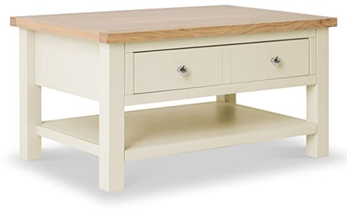 RoselandFurniture Farro Cream Large Coffee Table for Living Room | Storage Drawer and Shelf with Oak Top, Painted Finish, Country Farmhouse Style, H45cm W85cm D55cm