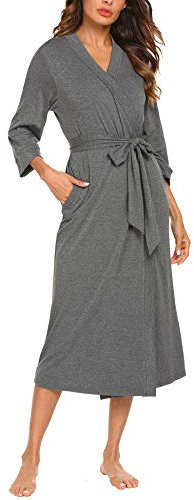 UNibelle Morgenmantel Leicht Damen Kimono Sauna Bademantel Baumwolle Lang Hausmantel Pyjama Nachthemd Mittel Dunkelgrau M