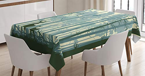 ABAKUHAUS Hirsch Tischdecke, Tiere in nebligen Wald, Pflegeleicht mit Modernster Druck Technologie Waschbar und Personalisiert, 140 x 240 cm, Grün Beige