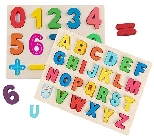 Jacootoys ABC Puzzle Spielzeug Buchstaben und Zahlen 2 Stück Steckspiel Lernen Kinder Spiele Montessori Alphabet Holzpuzzle Geschenk für Mädchen Jungen ab 3 4 5 Jahre