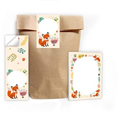 12 Mini-Notizblöcke + 12 Geschenktüten (Natur) + 12 Aufkleber Fuchs Mitgebsel Gastgeschenk beim Kindergeburtstag Mädchen Jungen