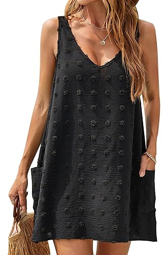 Blooming Jelly Womens Casual Sun Summer Dresses Sleeveless Bathing Suit Cover Up Mini Beach Dress (Medium, Black)