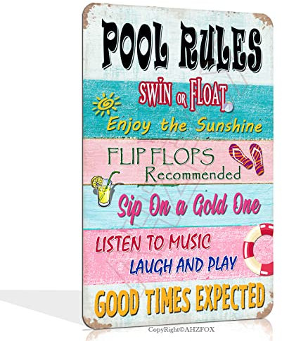 AHZFOX Pool Rules Schild Lustige Vintage Metallschilder Retro Wanddekoration Blechschild 8 X 12 Zoll Indoor/Outdoor Swimmingpool Dekorationen
