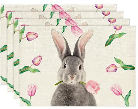 Artoid Mode Tulpe Hase Ostern 4er Set Platzsets, Saisonaler Frühling Küche Tisch Dekoration Drinnen Urlaub Party Dekor 30x45cm