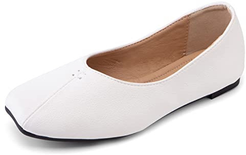 Bviennic Work Flats Women Slip On Square Toe Dolly Shoes Ballerina Slippers Comfort Office Loafers Formal Wedding Dance Ballet Shoes White Size 10 UK-47CN