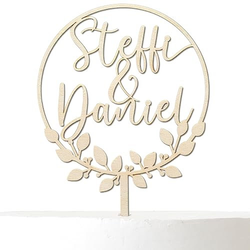 Suzu Papers Cake Topper Hochzeit Holz personalisiert mit Vornamen des Brautpaares - Tortentopper Hochzeitstorte und Hochzeitstorte Topper (Birke)