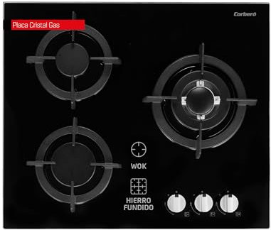 Corberó - Placa Cristal Gas Butano | CPCGY2303N | 7 Kw | 3 Fuegos | Zona Wok Especial | Parrilla Hierro Fundido | Sin Autoencendido | Desconexión Automática | Kit de conversión a gas natural | Negro