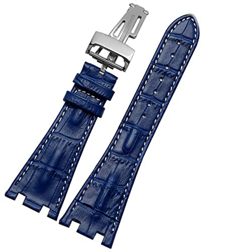 BONOOL Krokodilleder-Faltschließe 28-mm-Uhrenarmband für AP 15703 26470SO Royal Oak Offshore Herren-Krokodil-Sportuhrenarmband (Bandfarbe: Blau-Silber, Bandbreite: 28 mm)