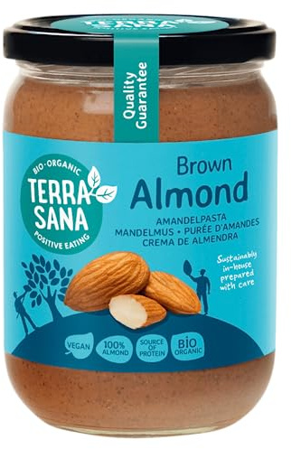 TerraSana Bio Mandelmus Braun (1 x 500g Glas) Reines Mandelmus aus Leicht Gerösteten Bio-Mandeln, Vielseitig Einsetzbar Mandelbutter