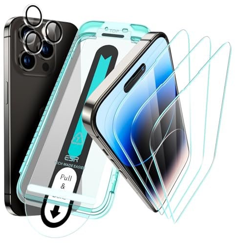 ESR für Panzerglas Set für iPhone 14 Pro Max, 3 Displayschutzfolien aus gehärtetem Glas und 1 Satz Kamera Linsenschutz, Glatte, abgerundete Kanten, Militärnorm Schutz, Kratzfest