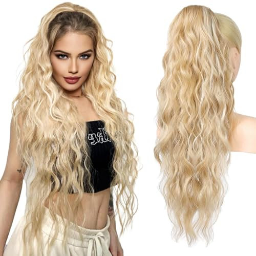 PORSMEER Pferdeschwanz Haarteil 75cm Lang mit Kordelzug Wellig Locken Ponytail Extension Blond Mix Platinblond Natürliches Clip in Haarteil Ponytail Kunsthaar Haarzopf für Damen Afro Haarverlängerunge