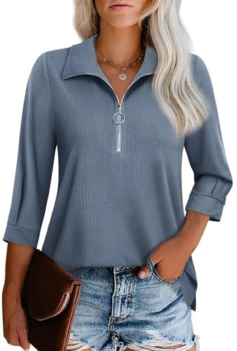 Cuptacc Blusen & Tuniken für Damen 3/4-Ärmel Business V-Ausschnitt Shirt Damen Mit Reißverschluss Frühling Blau XL 46-48