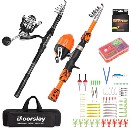 doorslay Teleskop-Angelrute und Rollen-Set mit Angelschnur, Angelköder-Set, 2.1 m Kohlefaser-Angelrute, 1.8 m Kinderangel, Angelset für Eltern-Kind, ideal für Reisen