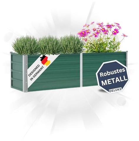 DELUKE Hochbeet für Garten Oskar Grün | 160x40x45cm | Verzinkter Stahl | Wetterfest | Gartenbeet Kräuterbeet Blumenbeet Beet hoch Frühbeet für Garten Gemüsebeet