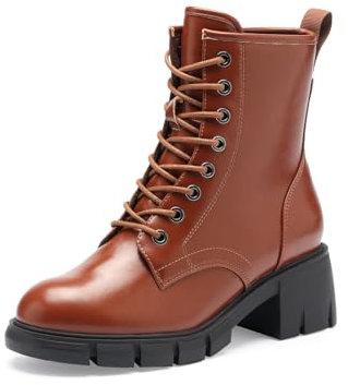 GENSHUO Stivali da combattimento da donna - Stivaletti con cerniera e lacci con tacco basso, Marrone B, 37 EU