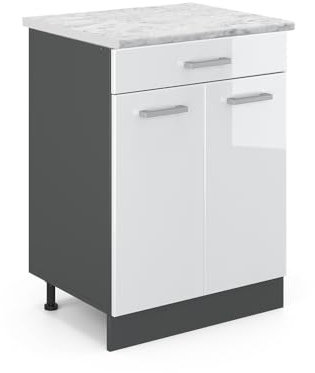 Vicco Küchenunterschrank R-Line, Weiß Hochglanz/Anthrazit, 60 cm AP Marmor