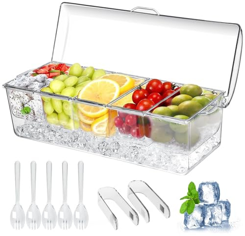 Large Ice Chilled Condiment Caddy，Chilled Condiment Containers Server with Lids for 5 Removable Compartments (2.5 cup)，Serving Platters, Fruit & Garnish Tray for Party Supplies & Bar Accessories