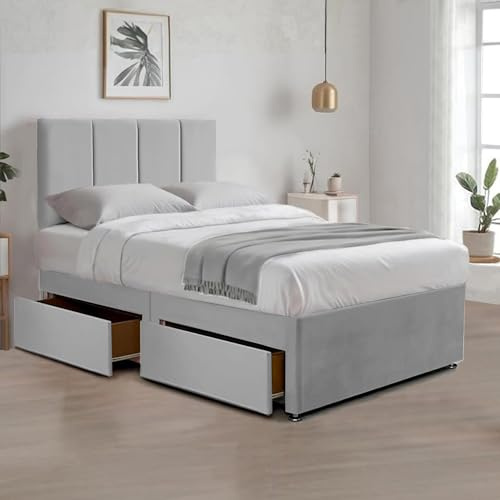 BED TIME UK - Silver Plush 3FT Single Divan Bed | Bed Frame with Spring Memory Foam Mattress & Dual Storage Drawers | 20” Vertical Line Headboard