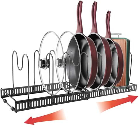 Shodiffy Rangement Poele Casserole, Organisateur de Poêles à Frire Réglables, Porte-Casseroles à 7 Compartiments dans Cuisine Placard Tiroir pour Poêles Casseroles Couvercles Assiettes Noir