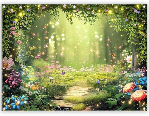 Luminora 2,4x1,8 m Hintergrund verzauberter Wald Frühling Märchen | Polyester-Stoff, Wandbehang, Kinder Familien Geburtstagszubehör, Banner Dekorationen, Outdoor Fotokabine