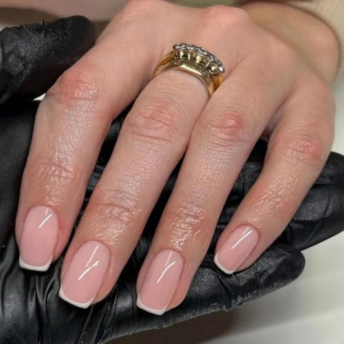 SXVME White French Tip False Nails Short Square, Natural Nude Press on Nails with French Tips Designs, Glossy Gel Finish Acrylic Nails Press Ons for Women Daily Wear 24 Pcs