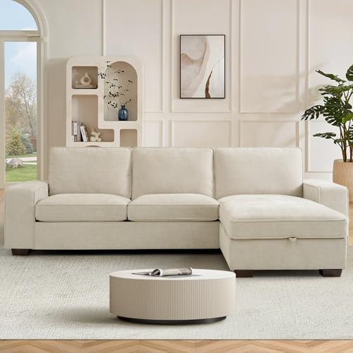 DUANDUAN 250CM Convertible Sektionssofa Couch mit Chaise Lagerung, Moderne L-förmige Reversible Design, Bequeme Chenille Stoff, abnehmbare Kissenbezüge USB Typ-C Ports Wohnzimmer(Beige)
