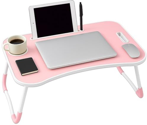 iTrend Laptop Bed Table, Laptop Desk with Foldable Legs & Cup Slot, Portable Tablet Notebook Stand Breakfast Bed Tray with Curved Design Charging Slot & Handle for Sofa, Bed, Terrace, Balcony, Pink