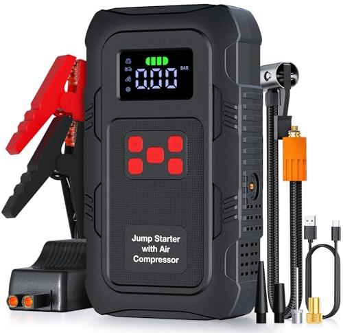 Povasee 150PSI Starthilfe Powerbank für Pkw mit Kompressor, 6000A Auto Starter Powerbank (bis zu 10L Benzin/8L Diesel) mit Kfz Luftpumpe, Batterie Booster Jump Starter mit Starthilfekabel, LED