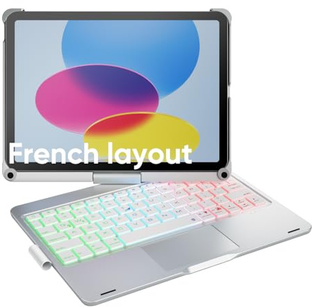 doqo Coque Clavier iPad A16 11e & iPad 10e gén avec Trackpad,Rotation 360° | Frappe Style Ordinateur Portable,Rétroéclairé 7 Couleurs,pour iPad 11 A16 2025 et 10,9 10e 2022 Gén avec porte-stylet