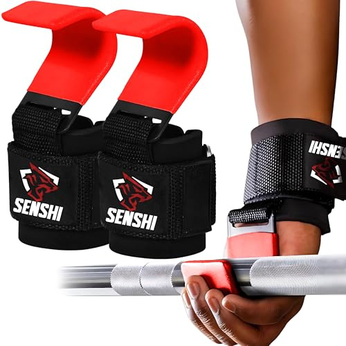 Senshi Japan Weight Lifting Hooks Straps, Deadlift Rows & Shrugs Grip Support For Bodybuilding and Powerlifting, Grip Assisting Wrist Support Metal Hooks For Barbell Pulling Workouts