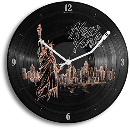 Kreative Feder New York Music Schallplatten-Uhr Retro Vinyl Designer Wanduhr leise ohne Ticken 30cm WSP041L (leises Quarzuhrwerk)