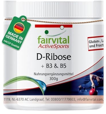 Fairvital | D-Ribose en poudre - combiné avec des vitamines B3 et B5 - VÉGAN - 300g