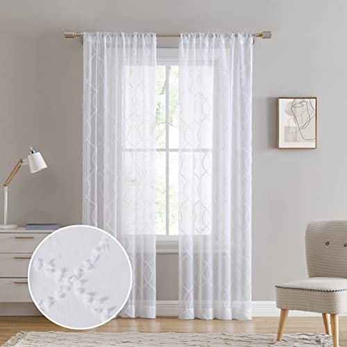Laura Ashley Durchsichtige Gittervorhänge mit Stangentasche, jeder Vorhang misst 96,5 cm B x 213,4 cm L, Weiß, 2 Paneele