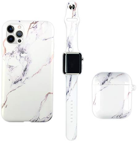 Makzib Matching Case compatible with iPhone 11pro,Airpods case 1& 2 & PRO with Watch band.Marble design slim Glossy 3 in 1 protective cases (38mm 40mm Airpods 1&2 Marble White & Gold)