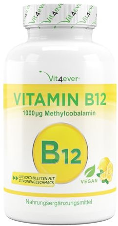 Vitamin B12 Vegan - 365 Lutschtabletten mit Zitronengeschmack - Premium: Aktives Methylcobalamin - Laborgeprüft - Hochdosiert