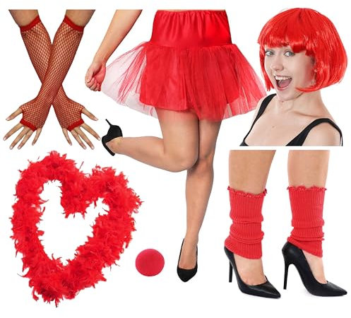 Red Nose Accessory Set - Sponge Nose, Bob Wig, Feather Boa, Long Fishnet Gloves, Tutu and Leg Warmers - Perfect for Any Fancy Dress