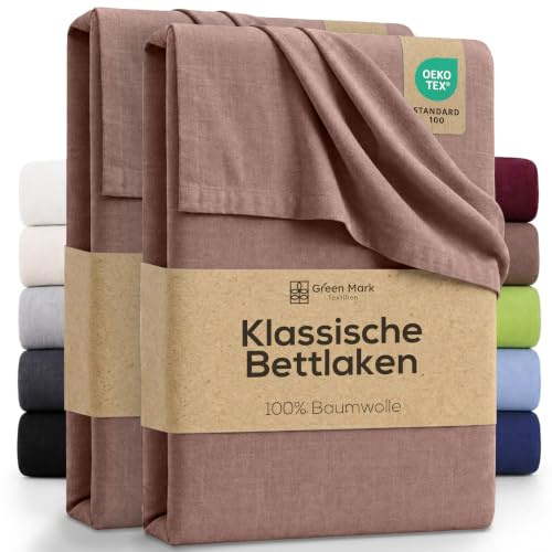 Green Mark Klassische Bettlaken – 2er Pack Flache Laken aus 100 % Baumwolle, ohne Gummi, hautfreundlich, pflegeleicht, bei hohen Temperaturen waschbar - Sand/Beige - 150x250 cm