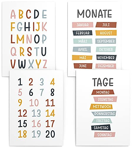 Papierschmiede® Kinderposter 4er Set Lernposter, DIN A4 (21x30 cm) Wanddeko, Geschenk für Mädchen & Jungen Kinderzimmer, bunte Buchstaben Zahlen Kalender Wochentage, ABC Tage Monate