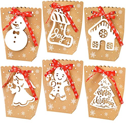 DPKOW 24 Stück Weihnachts-Süßigkeitentüten Keksbeutel Kraftpapier-Boxen mit Bändern für Geschenke, Süßigkeiten, Kekse, Geschenktüten für Kinder, Weihnachtsfeierzubehör