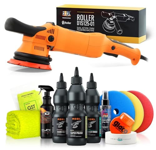 Poliermaschinen Set: ADBL Roller D15125-01 Exzenter Poliermaschine + ADBL Politur Set + Royal Pads Premium Polierpads + Dr. Wack Versiegelung für Lack- & Scheiben + Zubehör | 12-teilig