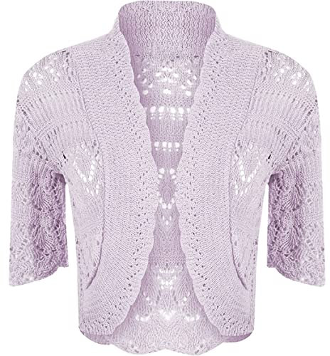 FASHION 7STAR Damen-Strickjacke, kurzärmelig, gehäkelt, vorne offen, Partykleidung, Bolero, Flieder, 38-40