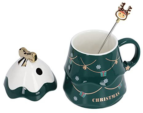 Cosiki Tasse de Noël, tasse à café 500 ml grande capacité pratique pour les cadeaux de vacances à la maison(Vert avec couvercle et cuillère à mélanger)