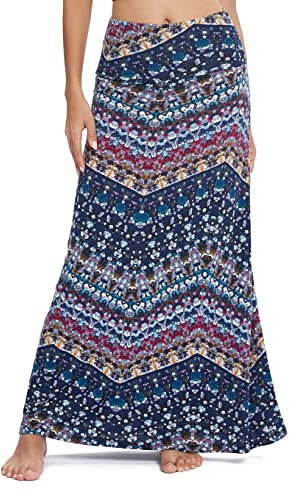 EXCHIC Femmes été Plage Bohème élastique Yoga Maxi Jupes Taille Haute Longues Tube Jupe(L, 16)