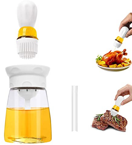 TINMIX Botella dispensadora de aceite con cepillo, 2 en 1 de vidrio de almacenamiento y recipiente con cepillo de silicona para cocinar y asar a la parrilla, hornear y cocinar, T-OB22, blanco